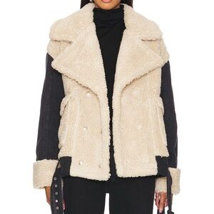 Blank NYC Ivory black faux fur jacket denim M Double breasted belted hem NWT
